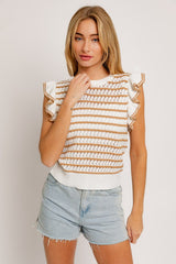 Round Neck Ruffle Sleeve Stripe Knit Top