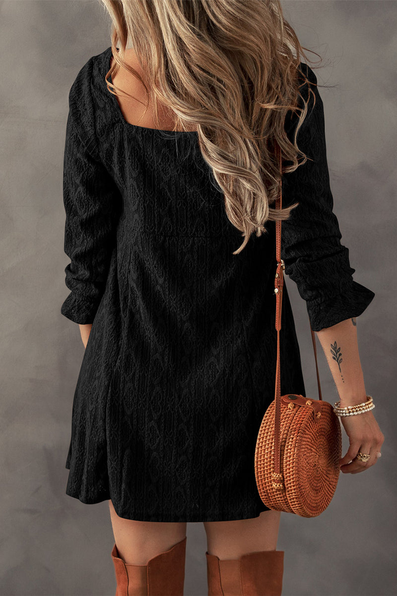 Black Lace Crochet Buttoned Square Neck Mini Dress