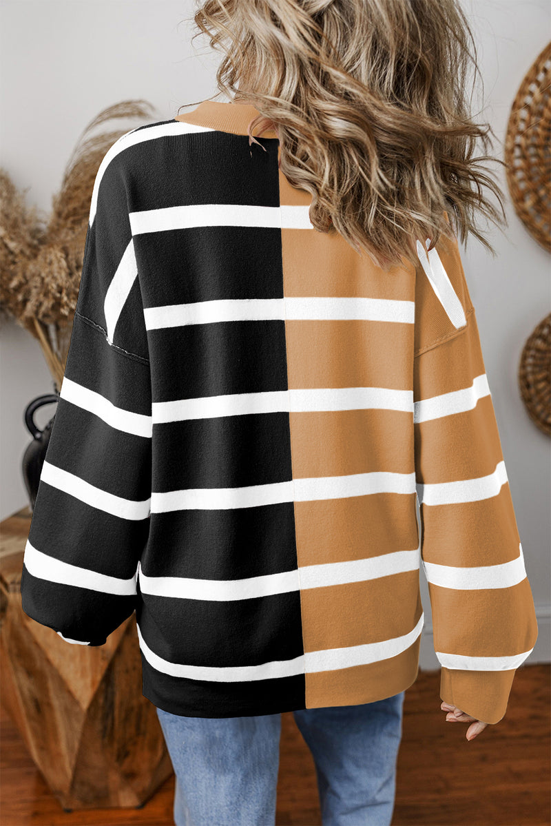 Pink Striped Colorblock Drop Shoulder Sweater