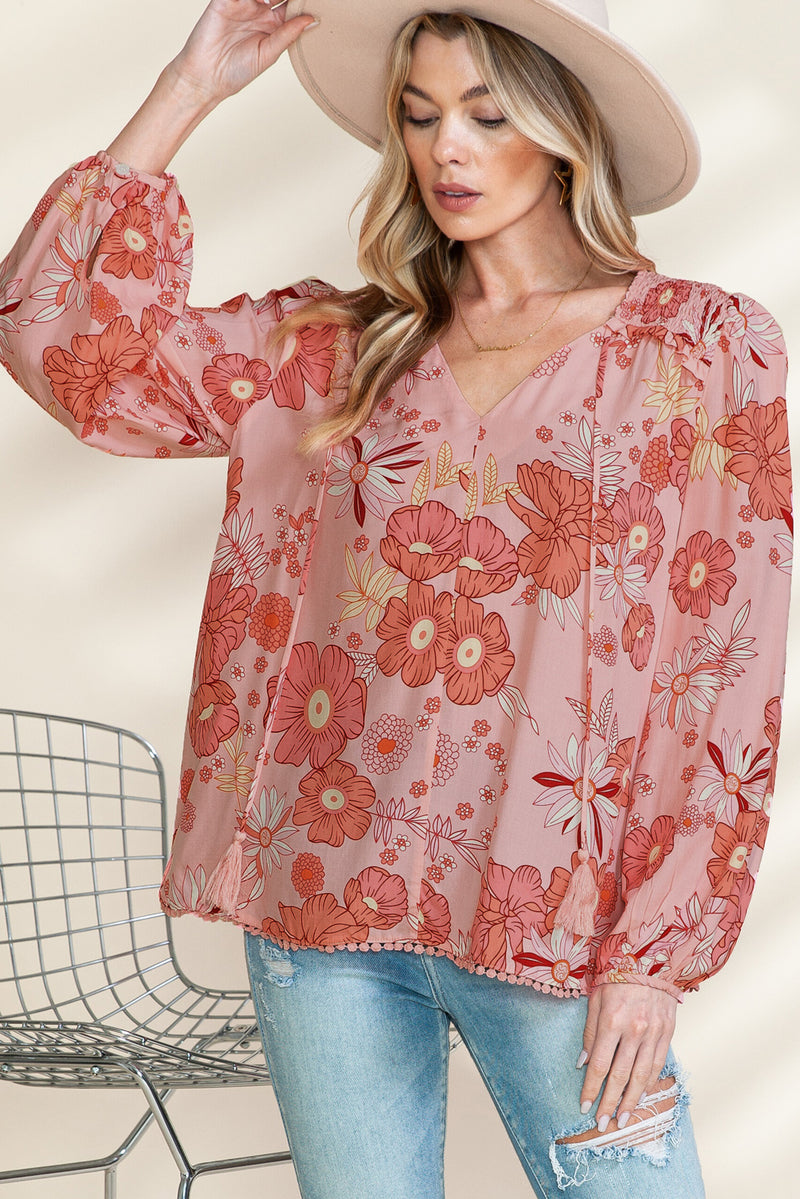 Multicolor Floral Print Lantern Sleeve Boho Peasant Blouse