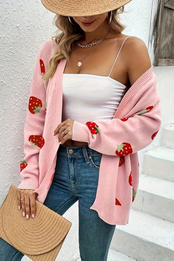 Pink Casual Strawberry Pattern Knit Cardigan