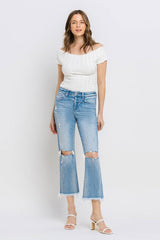 High Rise Frayed Hem Crop Straight Jeans