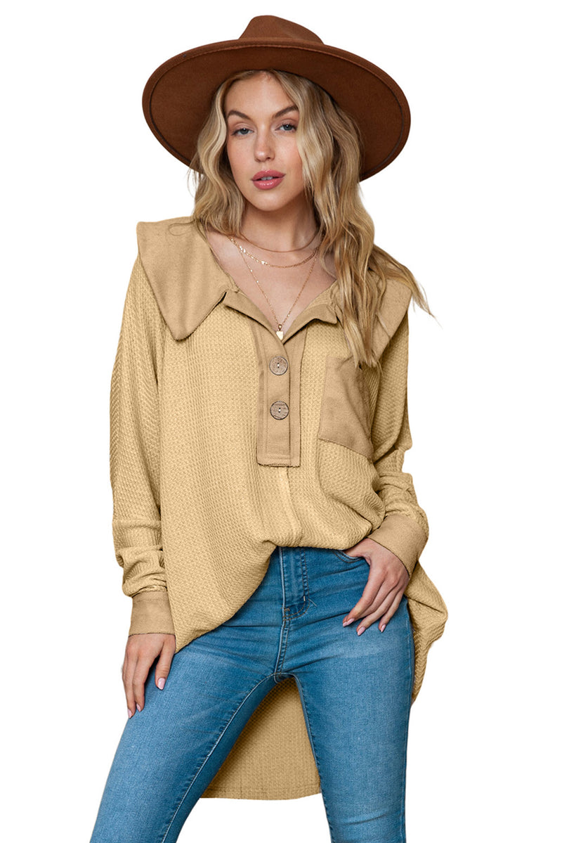 Brown Waffle Pocket Seam Patchwork Loose Knit Top