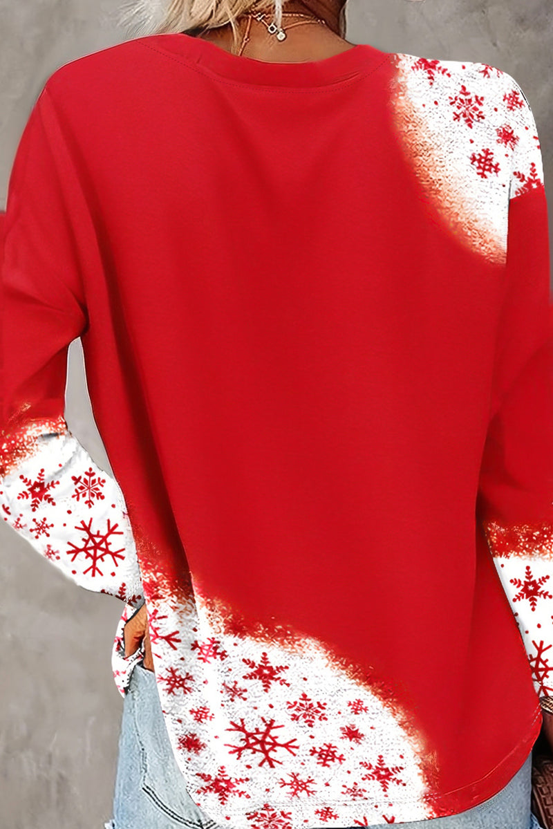 Fiery Red Snowflake Bleached Print Long Sleeve Top