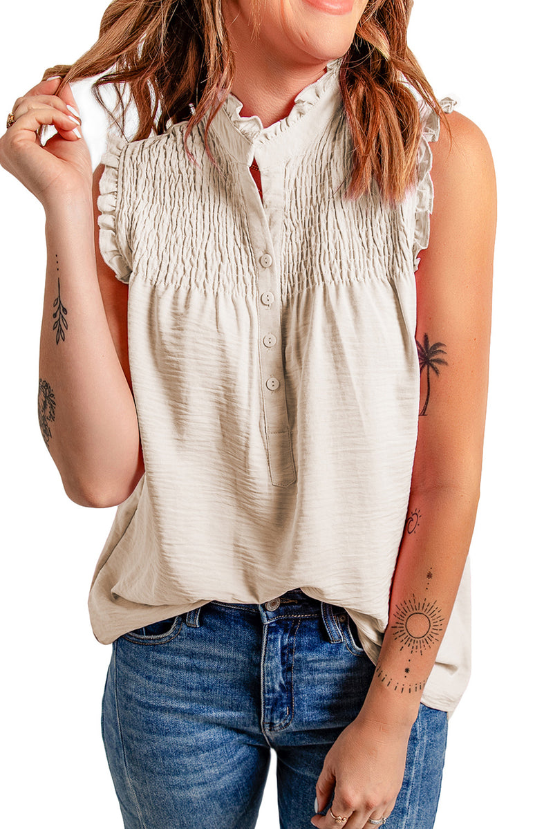 White Smocked Button Front V Neck Sleeveless Shirt