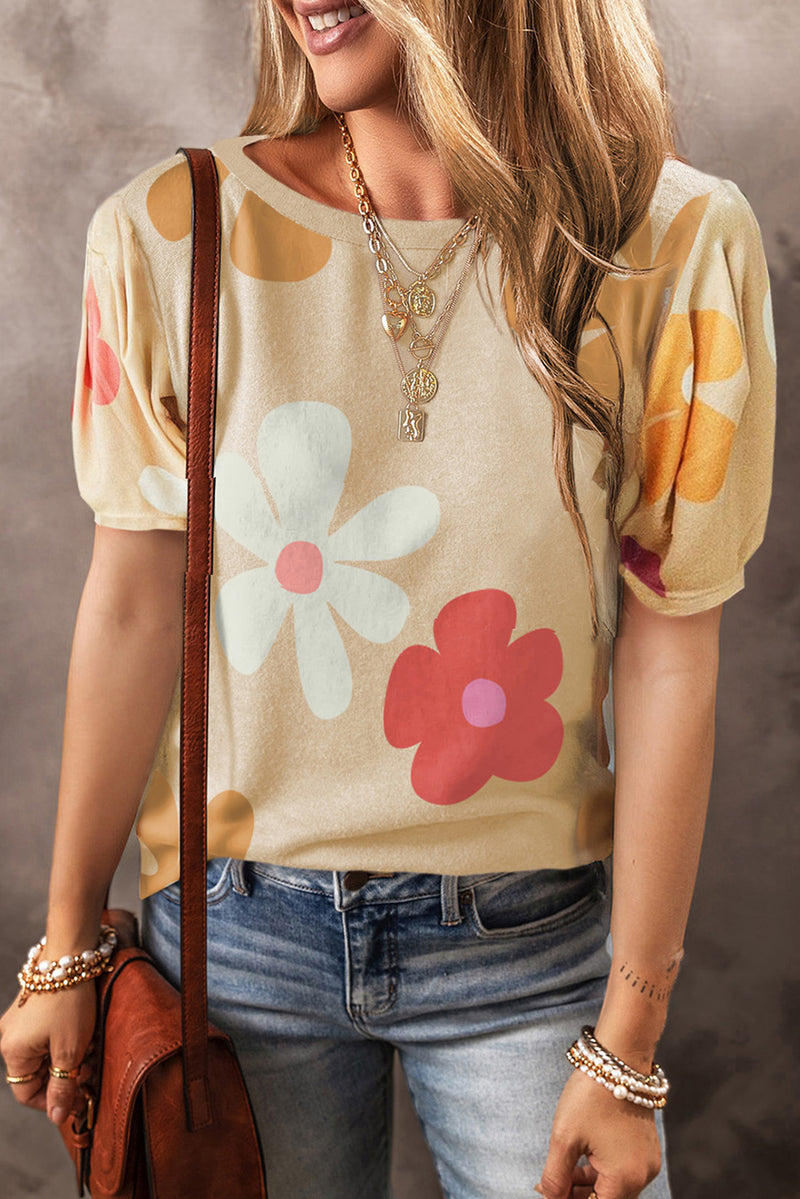 Sky Blue Colorful Flower Print Bubble Sleeve Tee