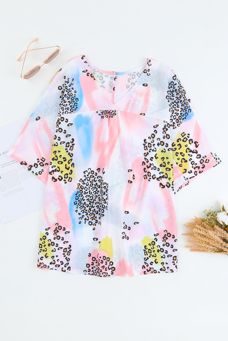 White Tie Dye Leopard Print Back Keyhole Blouse