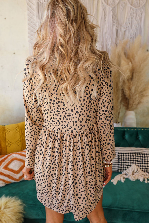 Khaki Crew Neck Long Sleeve High Waisted Leopard Print Dress