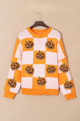 Grapefruit Orange Sequined Halloween Pumpkin Checkered Sweater