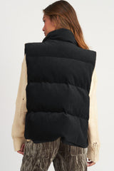 Black Solid Color Corduroy Puffer Vest Coat