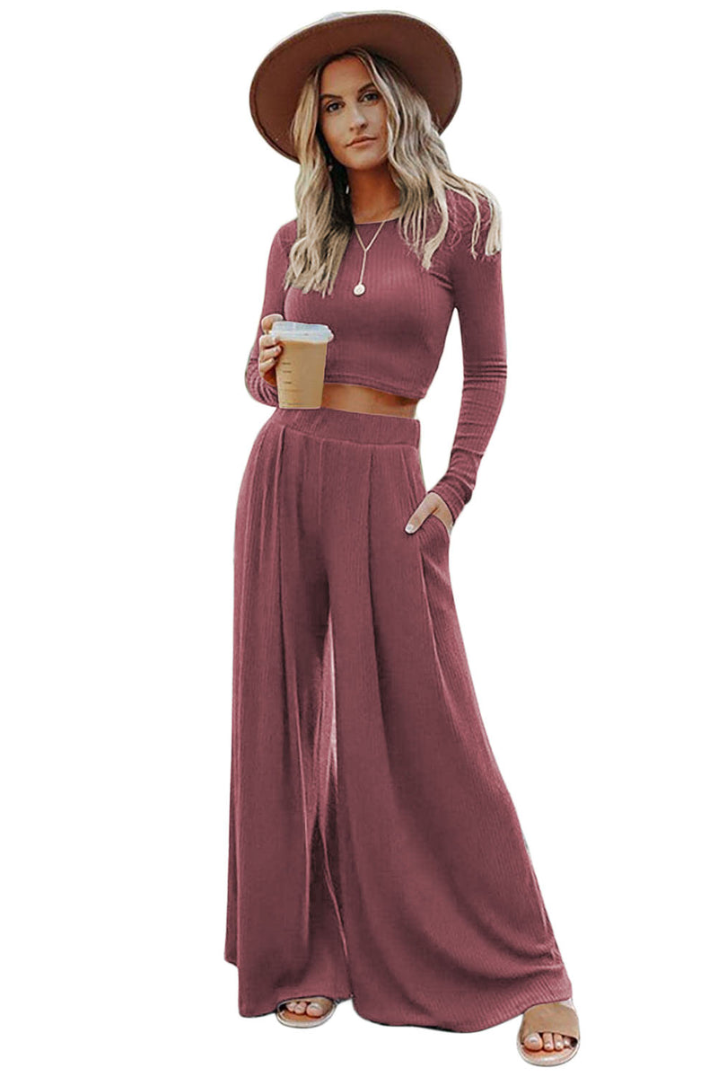 Pink Plain Ribbed Crop Top & Wide Leg Pants Two Piece Pants Set