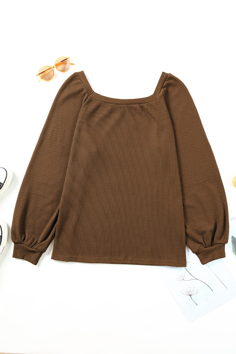 Brown Waffle Texture Casual Square Neck Pullover Top