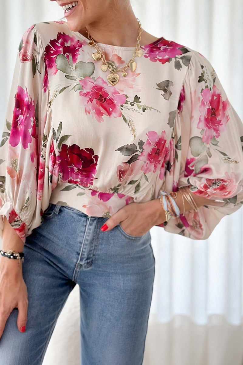 Rose Floral 3/4 Sleeve Lace-up Back Blouse