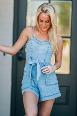 Beau Blue Spaghetti Straps Belted Denim Romper