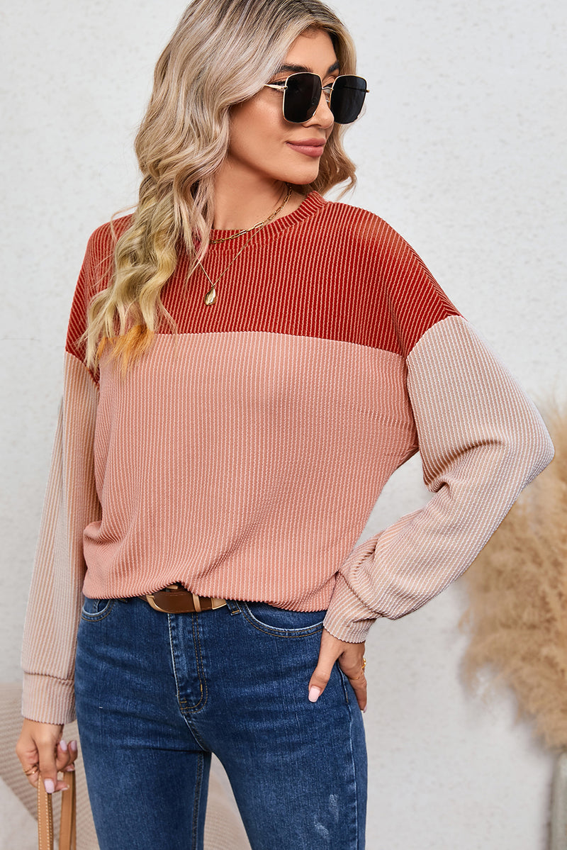 Black Color Block Corduroy Long Sleeve Top