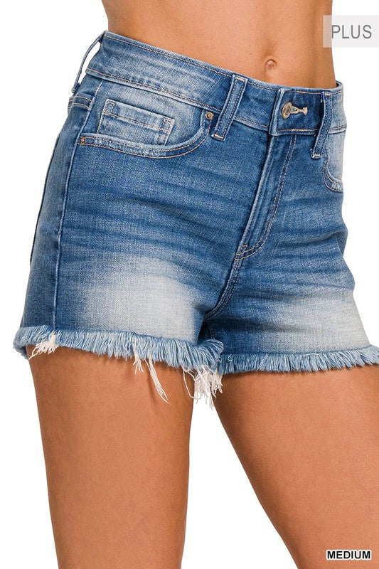 Plus Mid Rise Raw Frayed Hem Denim Shorts