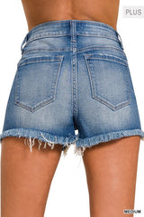 Plus Mid Rise Raw Frayed Hem Denim Shorts