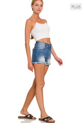 Plus Mid Rise Raw Frayed Hem Denim Shorts