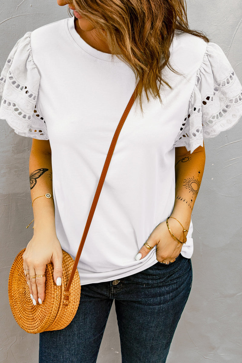 White Eyelet Butterfly Sleeve Business Casual Top