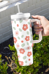 White 1200ml Floral Print Stainless Large Portable Cup