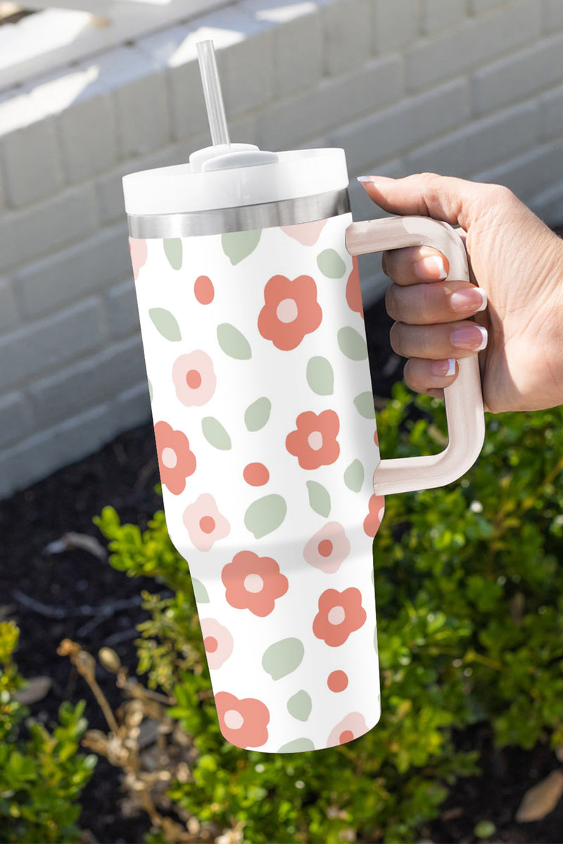 White 1200ml Floral Print Stainless Large Portable Cup