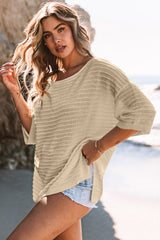 Brown Solid Color Rib-Knit Drop Sleeve Side Slits Top