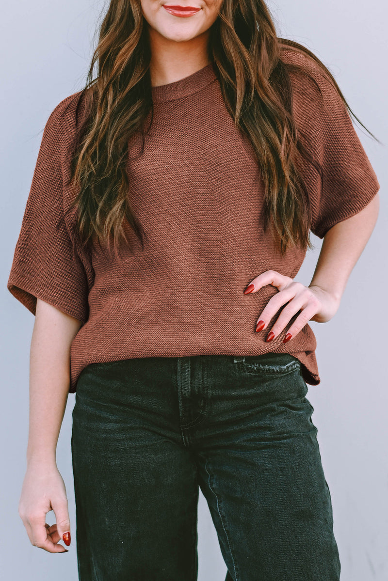 Coffee Mock Neck Short Batwing Sleeve Sweater