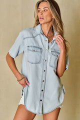 Mist Blue Light Wash Flap Pockets Rounded Hem Denim Blouse