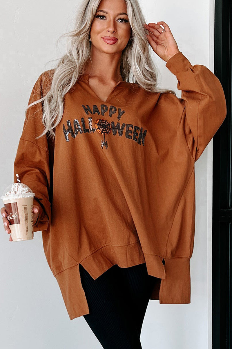 Chestnut Sequin Happy Halloween Graphic Notched Neck Loose Top