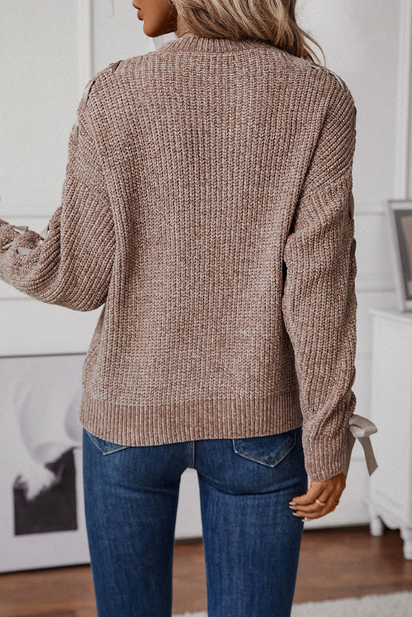 Dark Khaki Solid Color Loose Bow Pullover Sweater