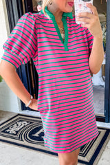 Pink Stripe Collared V Neck Puff Sleeve T Shirt Dress