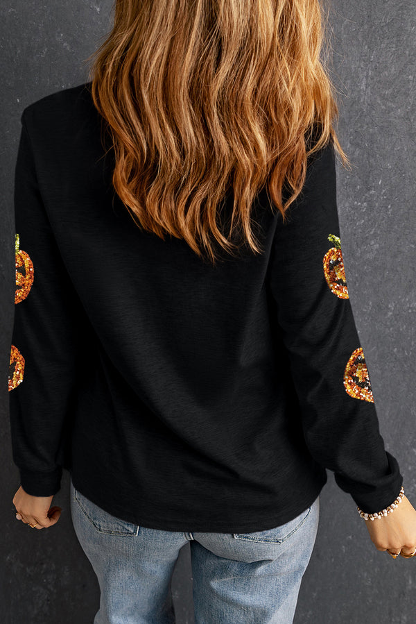 Black Halloween Sequin Pumpkin Face Graphic Sweatshirt