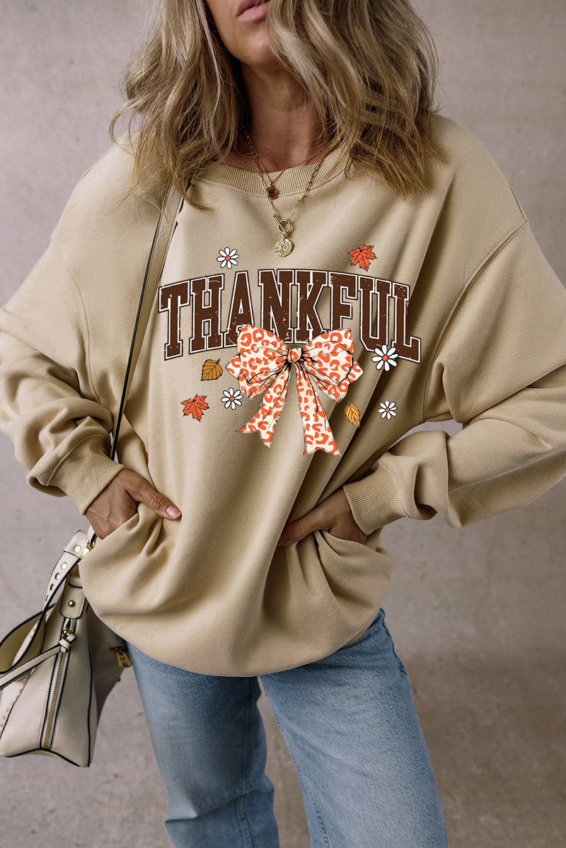 Parchment THANKFUL Leopard Bow Fall Vibe Graphic Sweatshirt