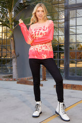 Pink Cheetah Print Drop Sleeve Bleached Sweatshirt