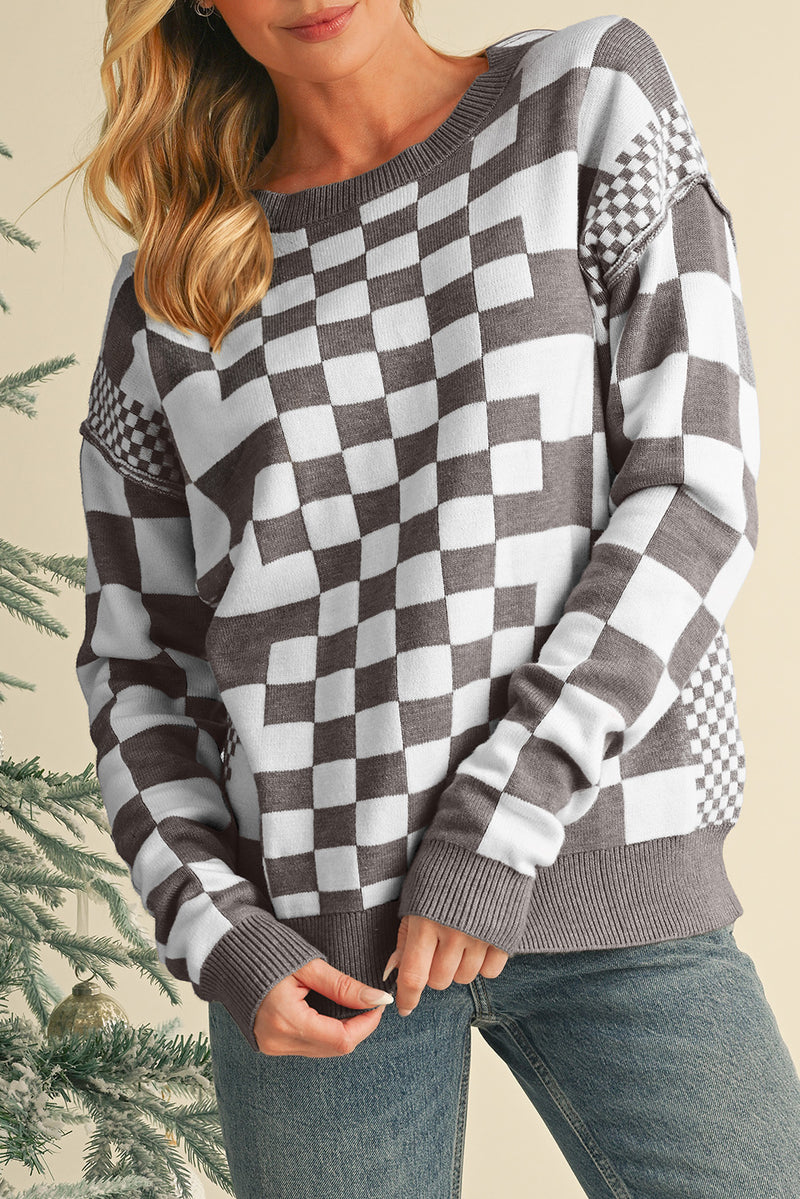 Carrot Checkered Drop Shoulder Round Neck Sweater