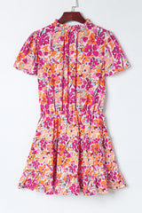 Multicolor Floral Print Tie V Neck Ruffle Short Dress