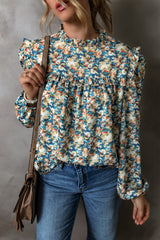 Sky Blue Floral Print Frill Neck Puff Sleeve Blouse