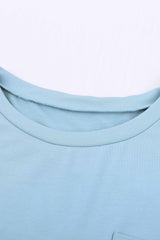 Light Blue Solid Color Short Sleeve Basic T Shirt with Patch Pocket