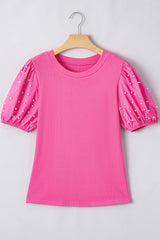 Bright Pink Pearl Beaded Puff Sleeve Ribbed Top