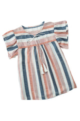 Pink and Blue Stripes Shirt Flutter Sleeve V Neck Blouse for Women