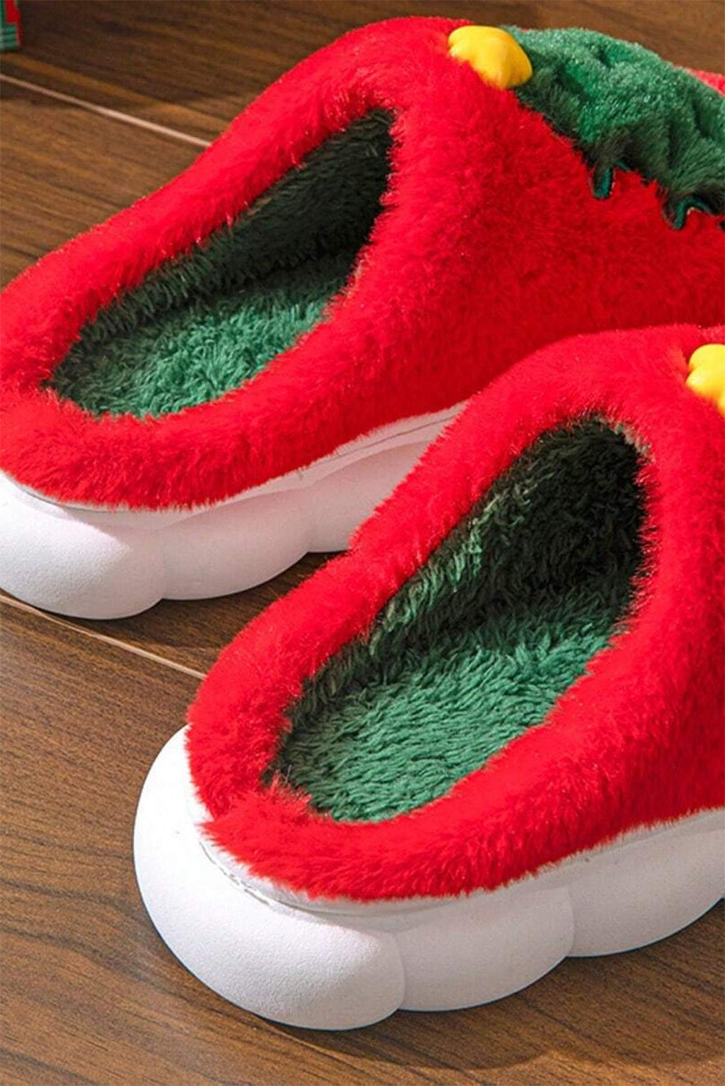 Fiery Red Christmas Tree Graphic Plush Slippers