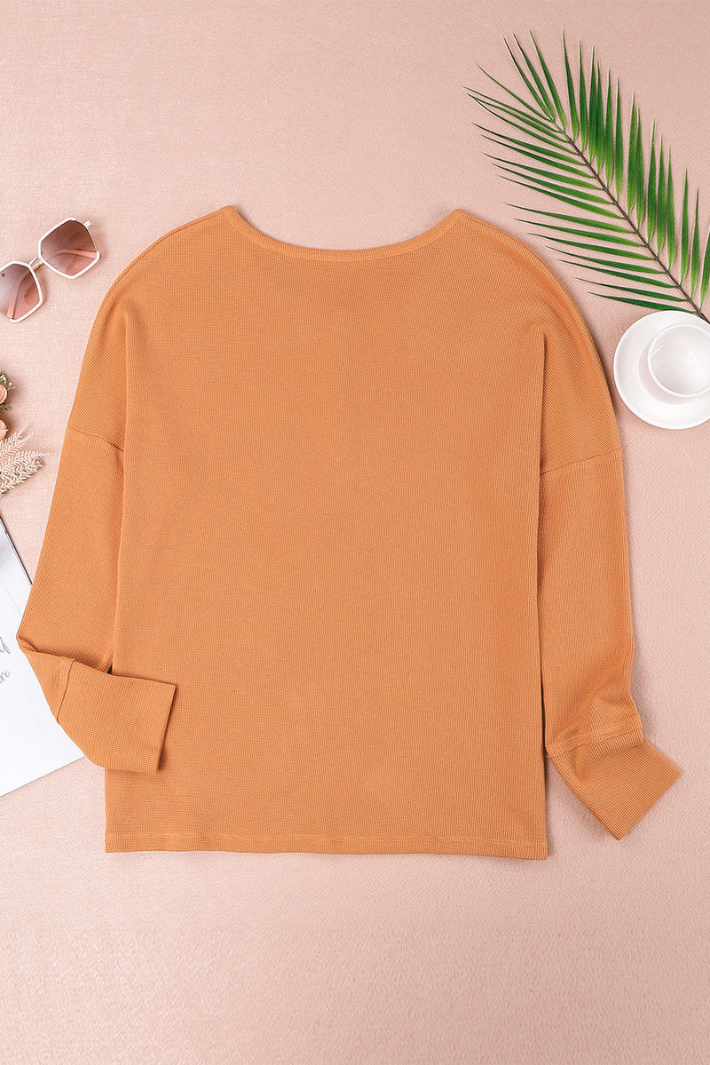 Orange Casual Waffle Button Front Knit Henley Top