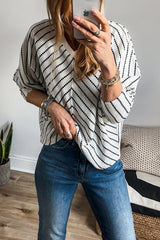 Black Stripe V Neck Long Sleeve Waffle Knit Top