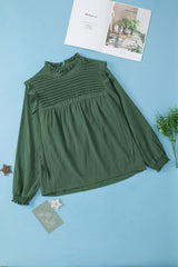 Green Ruffled Solid Color Pleated Long Sleeve Blouse