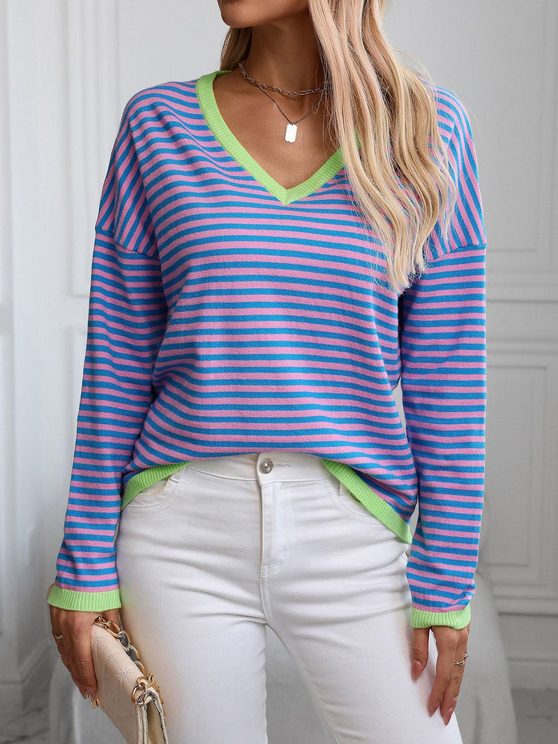 Contrast Trim Striped V-Neck Long Sleeve Knit Top