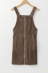 Brown Pockets Zip Up Ribbed Overall Dress