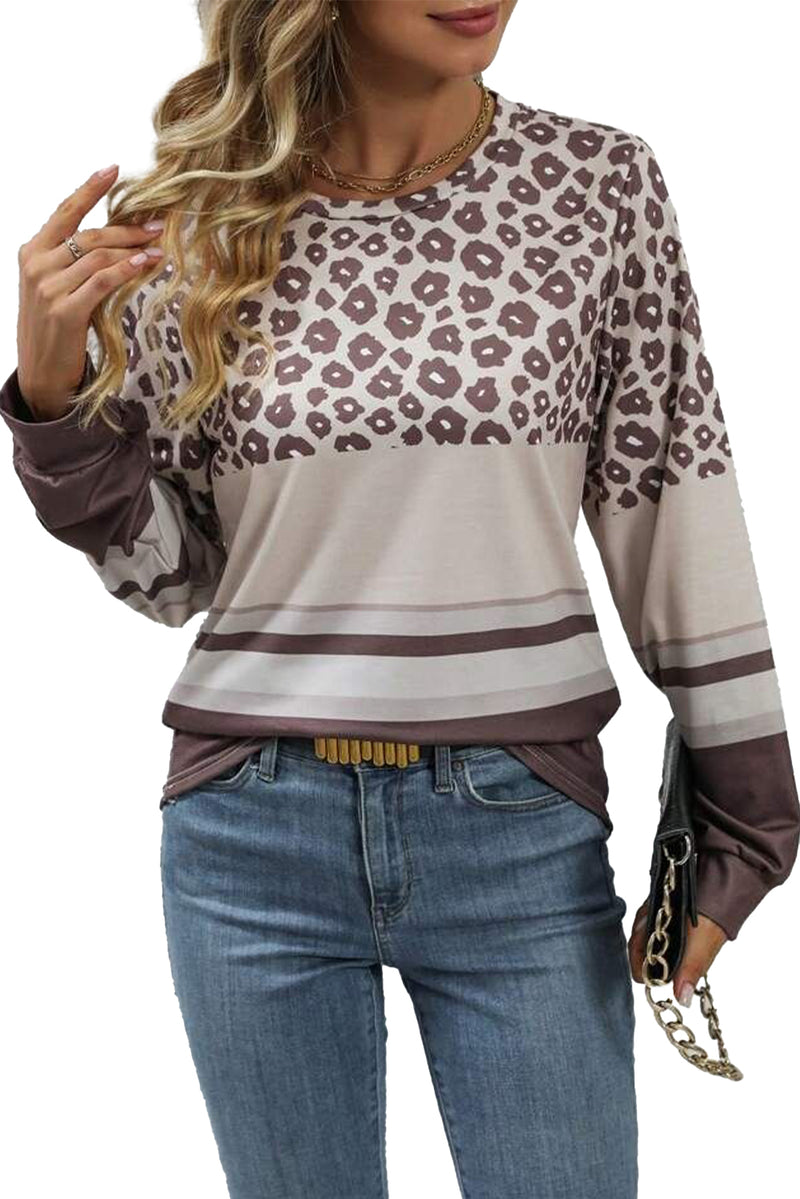 Brown Leopard Striped Color Block Long Sleeve Top