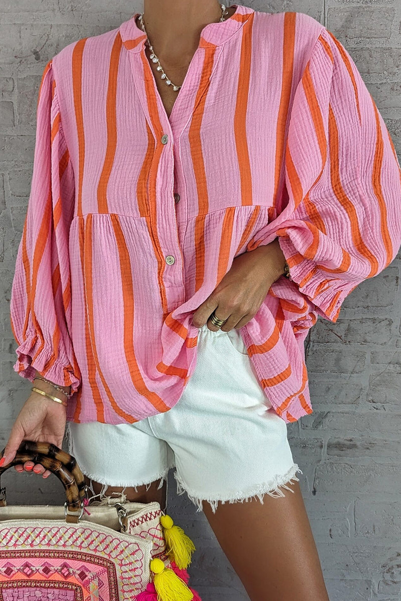 Orange Stripe Crinkle Ruffle Sleeve Loose Top