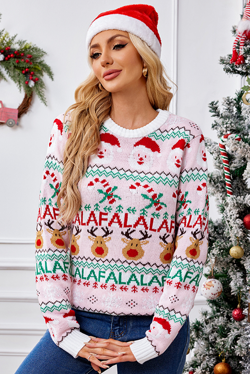 Light Pink Long Sleeved Pullover Jacquard Christmas Sweater