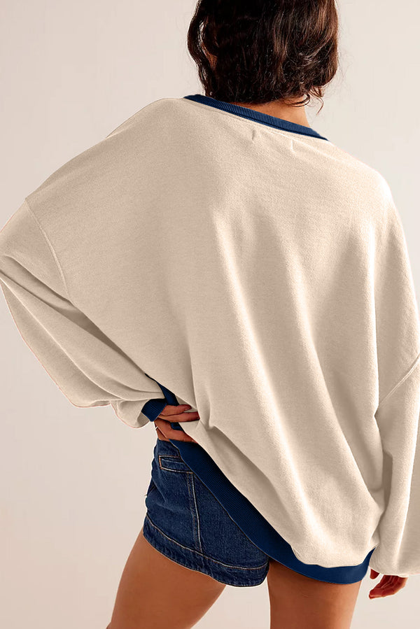 White Color Block Drop Shoulder Crewneck Oversized Sweatshirt